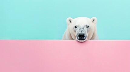 Playful polar bear peeking over colorful background. Fun and colorful birthday card design with a peeking polar bear.
