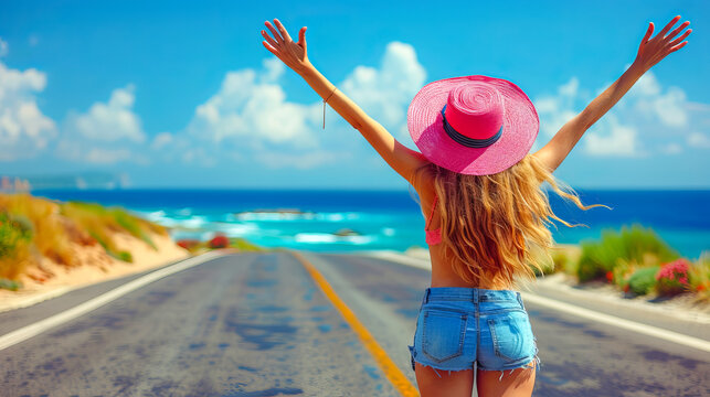 Joyful road trip woman embracing freedom