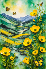 Textured spring green leaves on a branch, framing a landscape of spring flowers, anemones, yellow broom and hills, with small butterflies on a branch