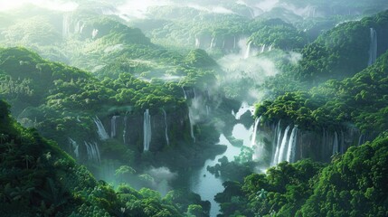 Behold the breathtaking sight of the expansive river meandering through the lush tropical rainforest adorned with cascading waterfalls generating a veil of glistening white mist