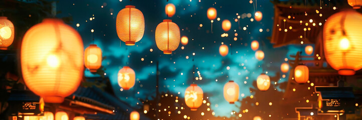 Japanese shining paper lantern on blue sky at the festival night. Abstract festive banner for Obon Festival in Japan