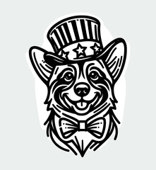 Corgi Dog 4th July Line Art Celebration USA (United State) Art Cute Cartoon For Independence Day Animal Patriotic with American Flag Memorial Day Clip Art