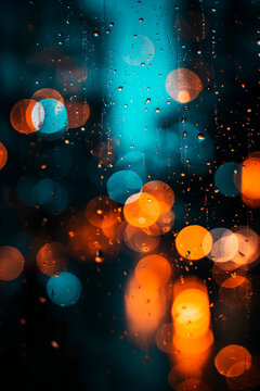 Abstract orange city light bokeh at blurred cyan background with rain drops, urban style, phone walpapper