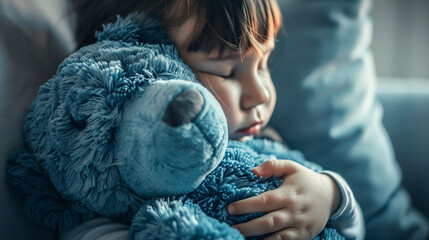 A child cuddled up with a favorite stuffed animal, their arms wrapped around it in a tight hug as they share secrets and stories.
