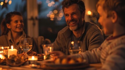 A man and two children are sitting at a table with food and drinks