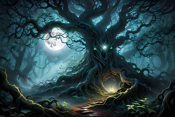 Abstract background with halloween tree and moon night scene