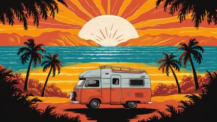 a vintage camper van, larger are parked, evoking a sense of adventure and nostalgia,  summer concept design