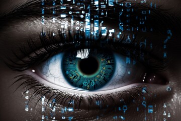 Cybernetic vision  hacker or ai robot eye in dark technological environment on digital screen