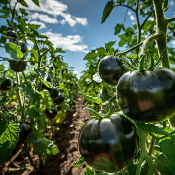 A close-up of shiny black tomatoes among green leaves in a garden, suggesting sustainable and organic farming practices