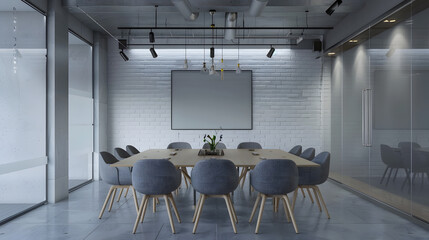 Office in a loft style with white brick walls and concrete columns There is a meeting zone with a large wooden table with gray chairs and glass partitions Above the table there is a pr : Generative AI
