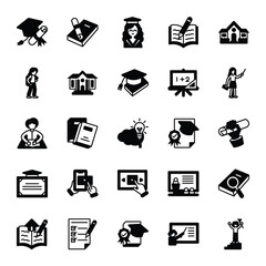 Education Glyph Icon Set. Vector Illustration. College,Graduate,Graduation,Learning,School,Student,University,Education,Classroom,Teacher,Study,Books,Knowledge,Academic,Degree,Diploma,Online learning