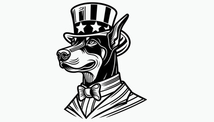 Doberman Pinscher 4th July Line Art Animal Patriotic with American Flag Memorial Day Clip Art Celebration USA (United State) Art Cute Cartoon For Independence Day
