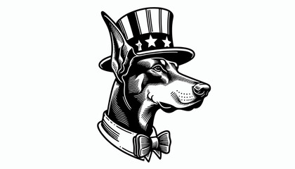 Doberman Pinscher 4th July Line Art Animal Patriotic with American Flag Memorial Day Clip Art Celebration USA (United State) Art Cute Cartoon For Independence Day