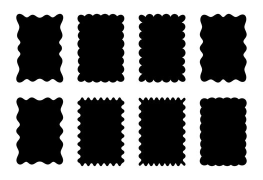 Rectangular shapes with wavy edges on a white background. Tags, labels, stamps, crackers, coupons. Vector flat illustration.