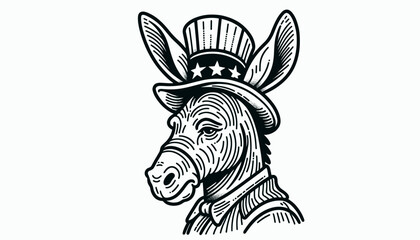 Donkey 4th July Line Art Animal Patriotic with American Flag Celebration USA (United State) Art Cute Cartoon For Independence Day Memorial Day Clip Art