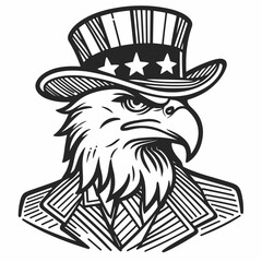 Obraz premium Eagle 4th July Line Art Animal Patriotic with American Flag Memorial Day Clip Art Celebration USA (United State) Art Cute Cartoon For Independence Day