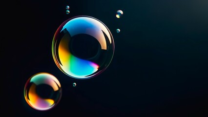 vibrant soap bubbles soaring against dark background, banner with copy space. concepts: wonder, magic, color reflection and refraction, natural phenomena, innovation, creativity, dreams, inspiration 
