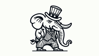 Elephant 4th July Line Art Celebration USA (United State) Art Cute Cartoon For Independence Day Animal Patriotic with American Flag Memorial Day Clip Art