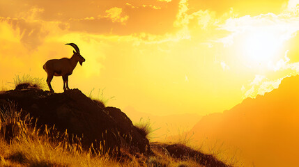 Silhouette of male goat on a rock with an orange dawn sky at background Alpine ibex in the swiss alps, sunset .