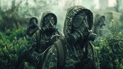 A group of people wearing hoodies and gas masks during a nuclear disaster virus. AI generated image