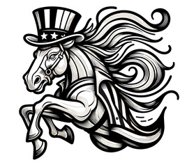 Horse 4th July Line Art Memorial Day Clip Art Animal Patriotic with American Flag Celebration USA (United State) Art Cute Cartoon For Independence Day