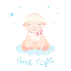 A cute little sheep, greeting card for baby shower, nursery poster, kids and baby t-shirt and wear. Vector illustration, isolated on white.