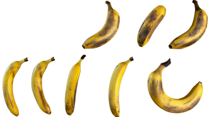 Bananas: Display from curved top view, side elongated view, and front view, with some peeled and others whole, on transparent background, PNG