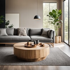 Interior of modern living room with sofa, wooden coffee table and plants