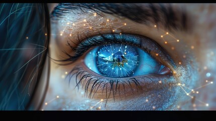 Digital Integration in Human Vision: A Closeup of an Eye with Data Points and Connections, Symbolizing Face ID Technology