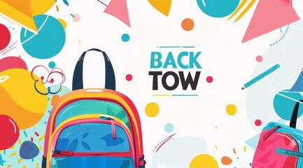 Vibrant and Colorful 'Back to School' Theme with Backpacks and School Supplies on a Festive Abstract Background, Perfect for Educational Promotions