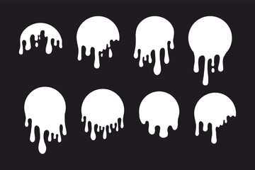 Melt drip circle white paint round splash with drops, liquid shape, stain isolated on dark background. Flowing fluid, slime or cream.