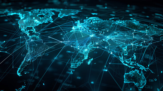 Connecting blue dots on world map background