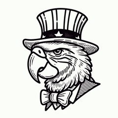 Parrot 4th July Line Art Celebration USA (United State) Art Cute Cartoon For Independence Day Memorial Day Clip Art Animal Patriotic with American Flag