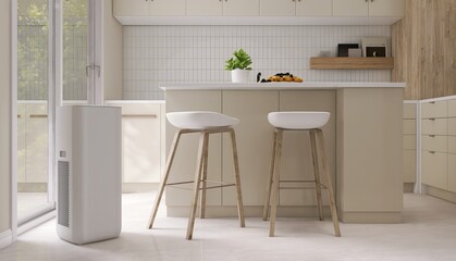 Modern, minimal air purifier in luxury kitchen with cream built in cabinet, white countertop,...