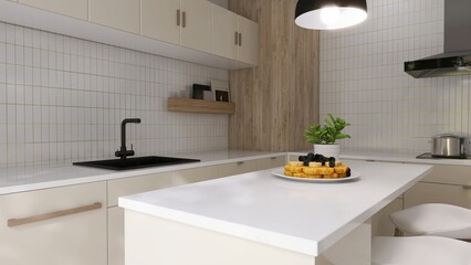 Modern, luxury kitchen with ivory cream built in cabinet, cupboard, kitchen island and white tile splashback in sunlight for interior design, product background 3D © Sue Tansirimas