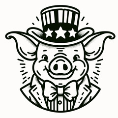 Obraz premium Pig 4th July Line Art Animal Patriotic with American Flag Memorial Day Clip Art Celebration USA (United State) Art Cute Cartoon For Independence Day