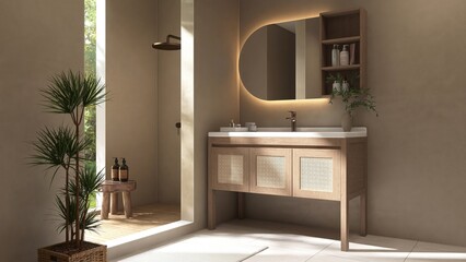 Luxury brown bathroom with shower enclosure, partition to vanity counter in sunlight from window on...