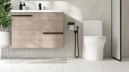 Colorful terrazzo floor bathroom with brown vanity counter, white toilet, bidet, partition in sunlight on stone tile wall for modern, luxury bathroom interior design, toiletries product background 3D
