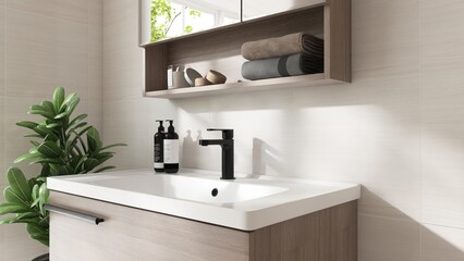 Wooden brown vanity counter, washbasin, mirror cabinet in sunlight, shadow on cream tile wall for modern, luxury beauty, cosmetic, skincare, body, hair care, bathroom interior design background 3D