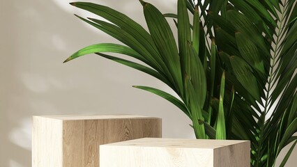 Two modern wooden cuboid table podium, tropical green palm tree in sunlight on beige wall room....