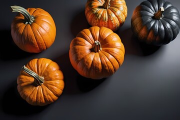 Halloween pumpkins on dark background top view photoshoot