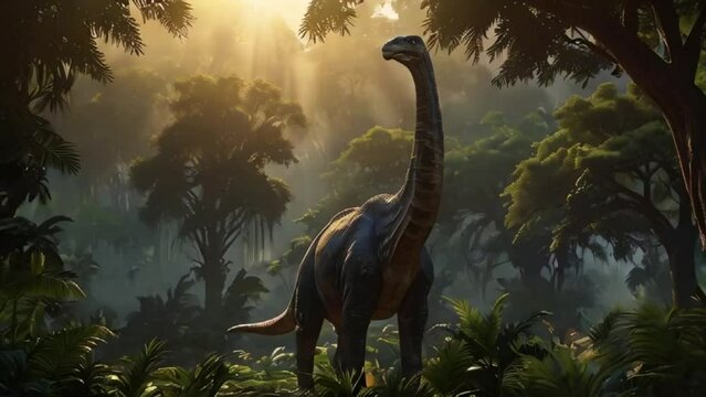 In the heart of the lush, untamed Jurassic jungle, a majestic Brontosaurus towers above the canopy, its graceful neck reaching towards the sun