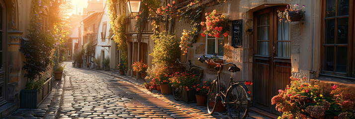 Cobblestone streets and bicycles in a quaint European town at sunrise. Rustic European charm. Romantic travel and tourism concept for design and posters. With ample space for text.