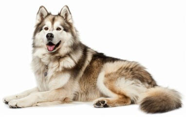An exuberant Alaskan Malamute sits attentively, its tongue out in a happy pant and eyes sparkling with joy. The robust build and lush coat highlight the breed's adaptability to cold climates. - Powered by Adobe