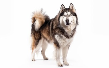 Obraz premium A proud Alaskan Malamute stands with a bold stance, its dense coat and alert expression reflecting the breed's resilience and dignity. This dog embodies the spirit of the great northern wilderness.