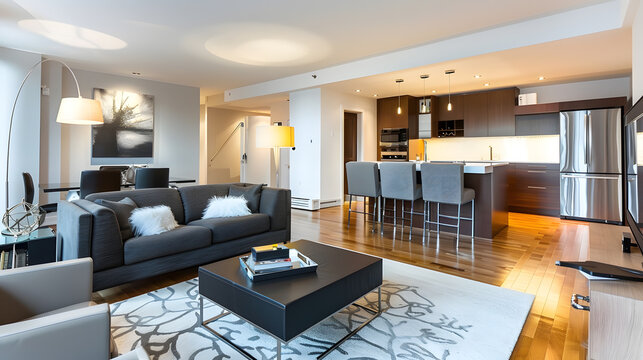 Luxury modern  apartment in Montreal very well staged and furnished with amenities and common areas : Generative AI