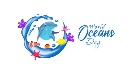 June. world oceans day celebration template design. ornaments of sea waves, coral reefs and fish. the concept of fostering public interest in marine protection and sustainable resource management