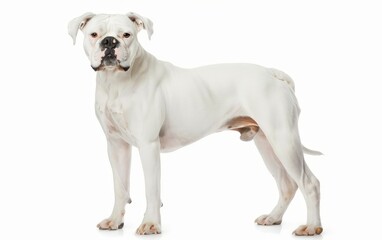 A white American Bulldog stands with a stoic expression, highlighting its muscular frame and focused gaze. The pure white coat contrasts sharply against the white background.
