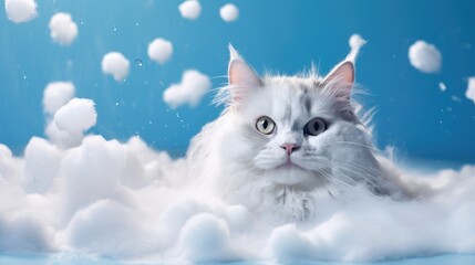 Fototapeta premium white fluffy cat washing in bathroom with foam on a blue background