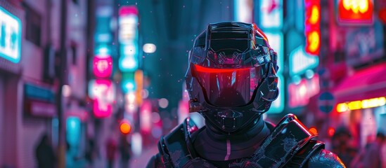 Close up of Man with digital helmet in modern neon cyberpunk city of the future. AI generated image